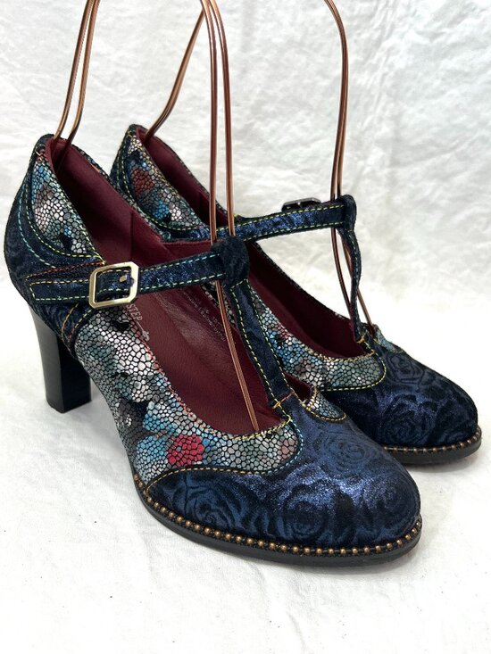 L'artiste Shoes - L'Artiste pumps high heels 36 6 womens Mazie navy blue floral metallic t bar